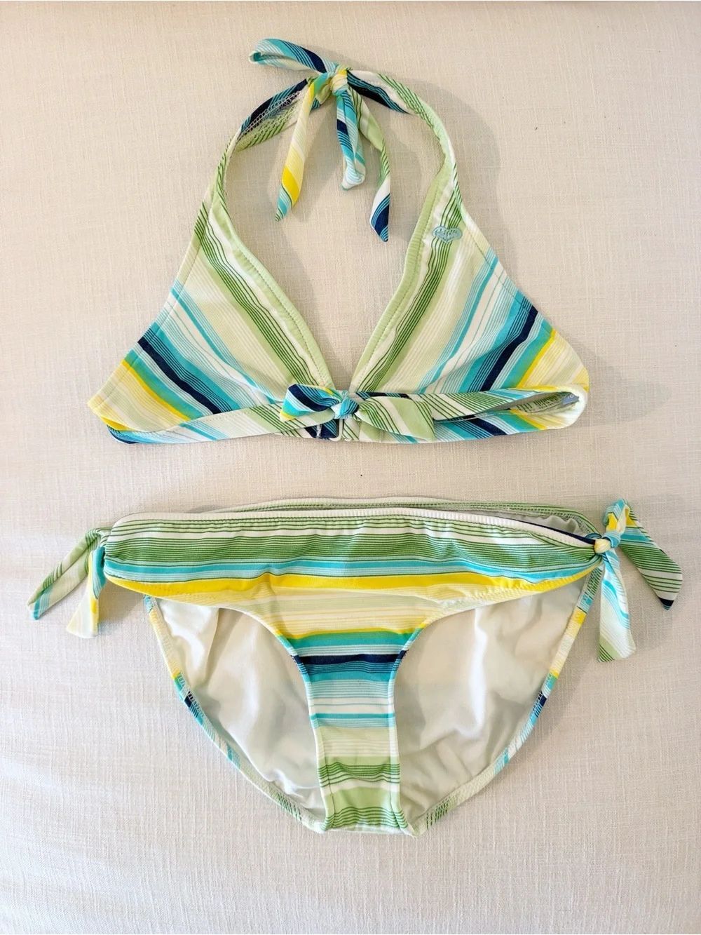 Roxy Girls Striped Halter Bikini 2 Piece Swimsuit Blue Green Yellow Side Tie